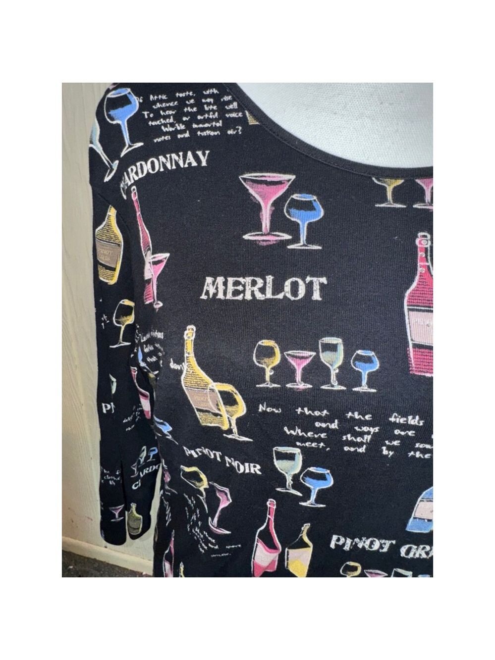 Jess & Jane Black Wine Print Long Sleeve Shirt Large - Picture 5 of 16